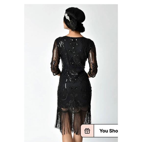 - Unique Vintage Long Sleeve Flapper Dress Black Sz L #38 - Picture 2 of 4